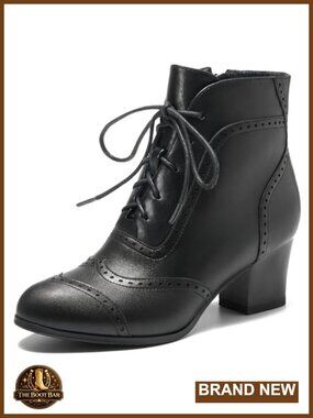 Women's Victorian Lace Up Ankle Boots Side Zip Chunky Block Heel Booties